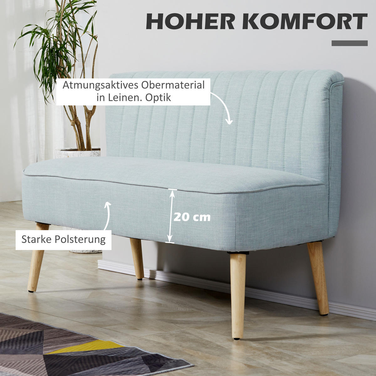 SOFA 2-Sitzer Couch Stoffsofa Sitzmöbel Polstersofa Loungesofa breit Hellgrün - Hellgrün/Naturfarben, Holz/Textil (56.5/77/117cm) - HOMCOM