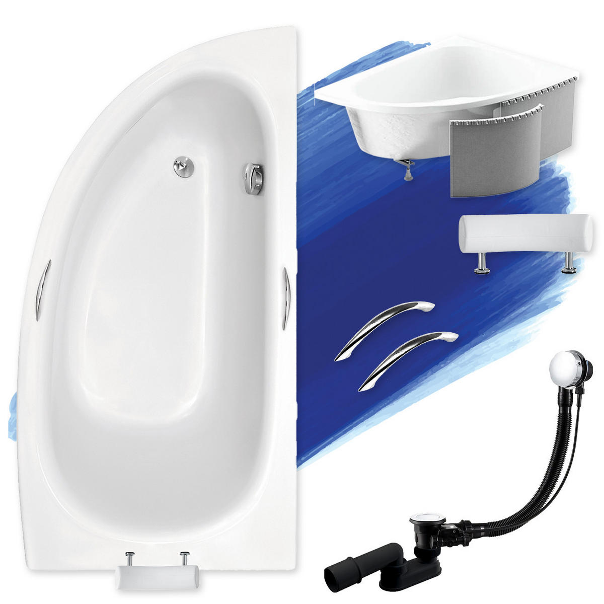 BADEWANNE Eckwanne MILENA PREMIUM 150/70 Rechts mit Styro Ablauf Füße - Weiß, Kunststoff (70/53.5/150cm) - bad land