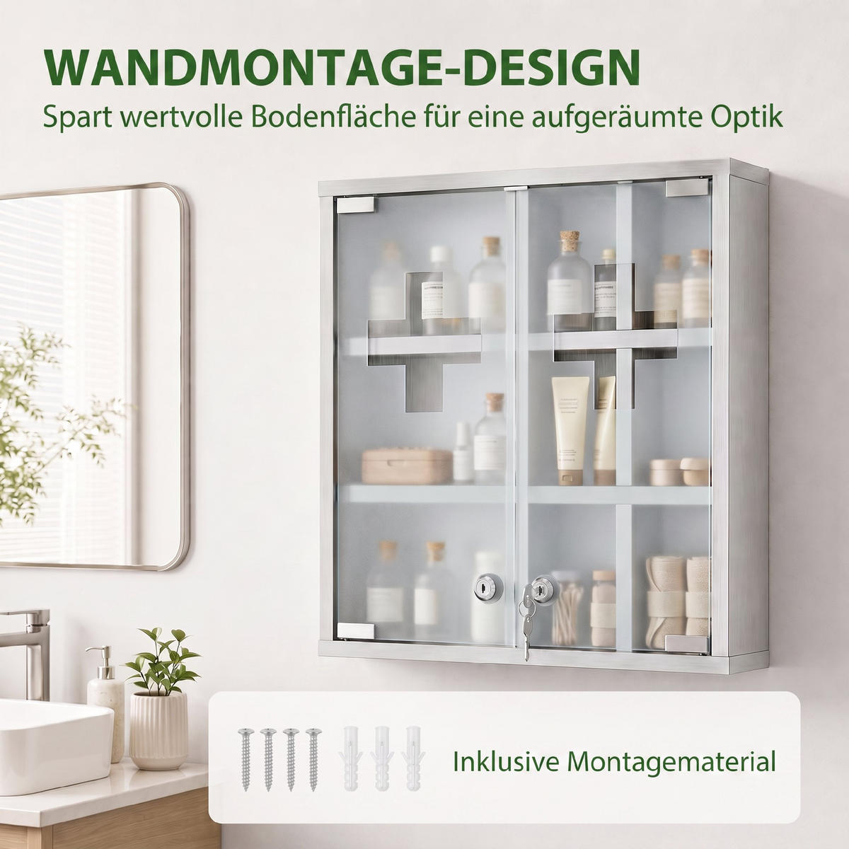 MEDIZINSCHRANK Edelstahl 430 gehärtetes Glas Silber - Silberfarben, Metall (46/48/12cm) - HOMCOM