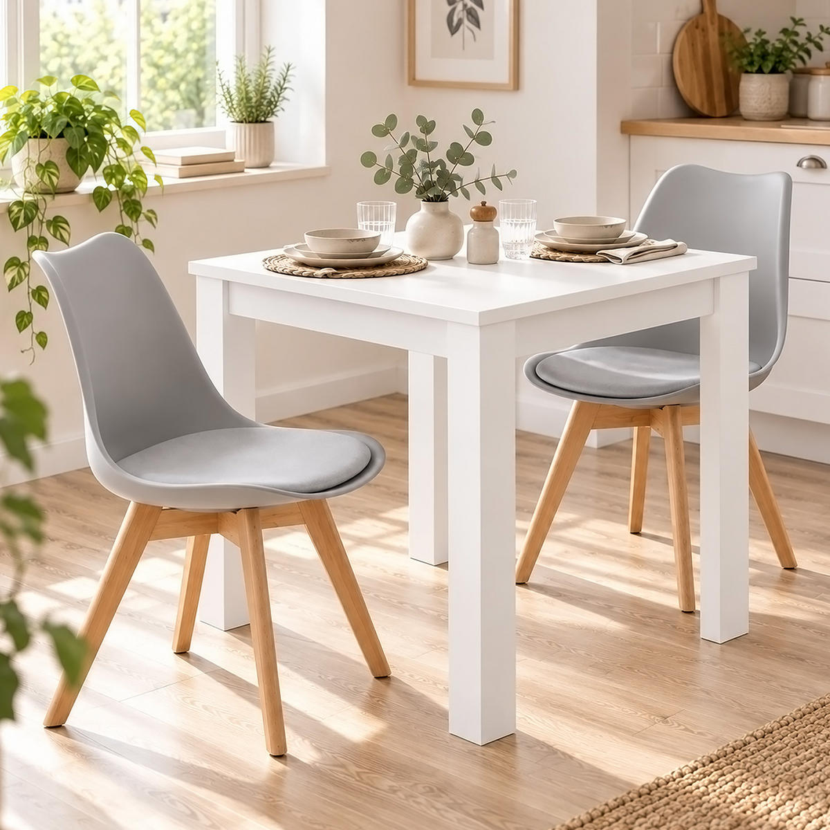 TISCHGRUPPE 80/80 cm Weiß mit 2 Stühlen grau - Beige/Weiß, Holz/Kunststoff (80/80/80cm) - Homestyle4u