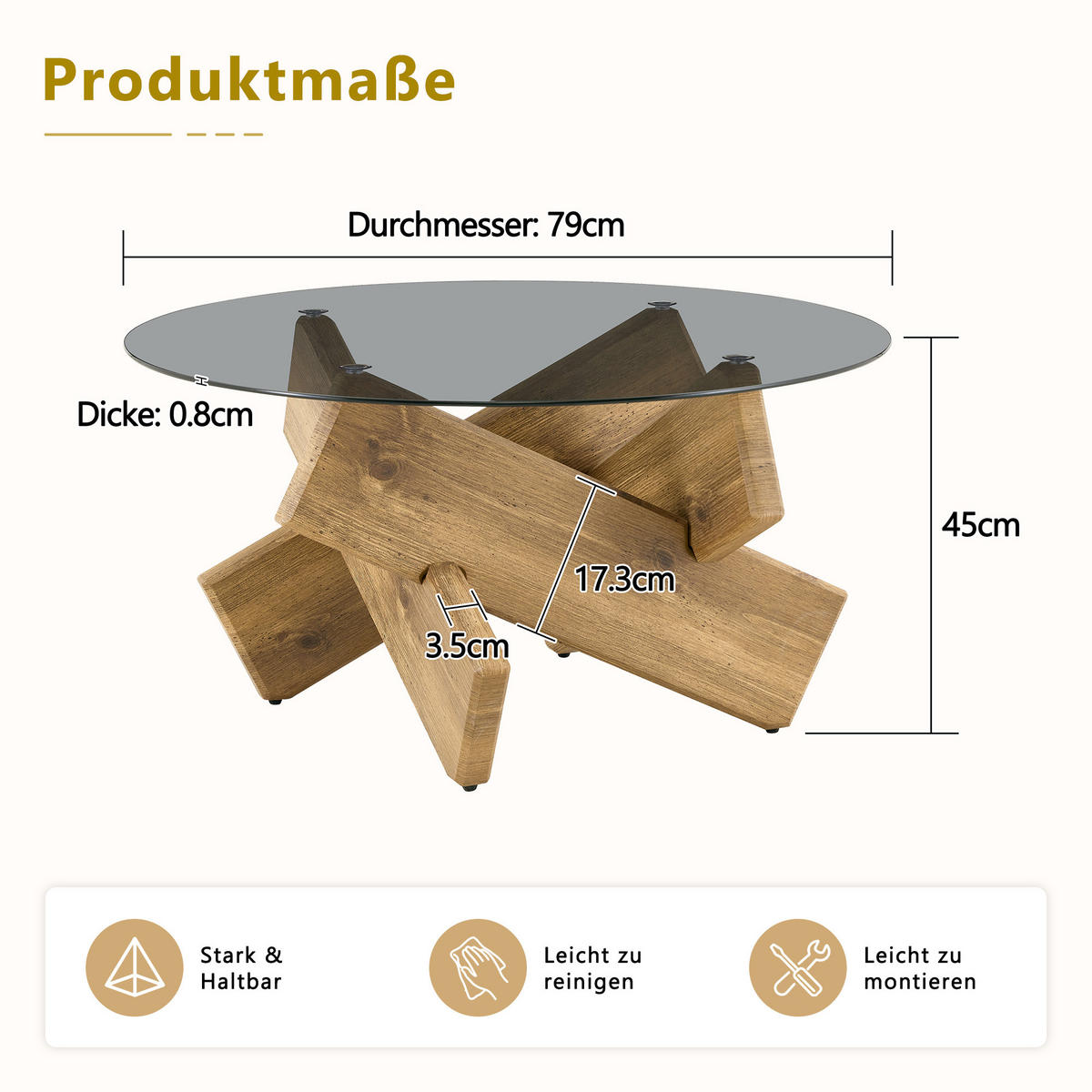 COUCHTISCH DE-37370 rund mit Glasplatte und skulpturalem Sockel Holz - Naturfarben, Holzwerkstoff (79/79/45cm) - ComfortXL