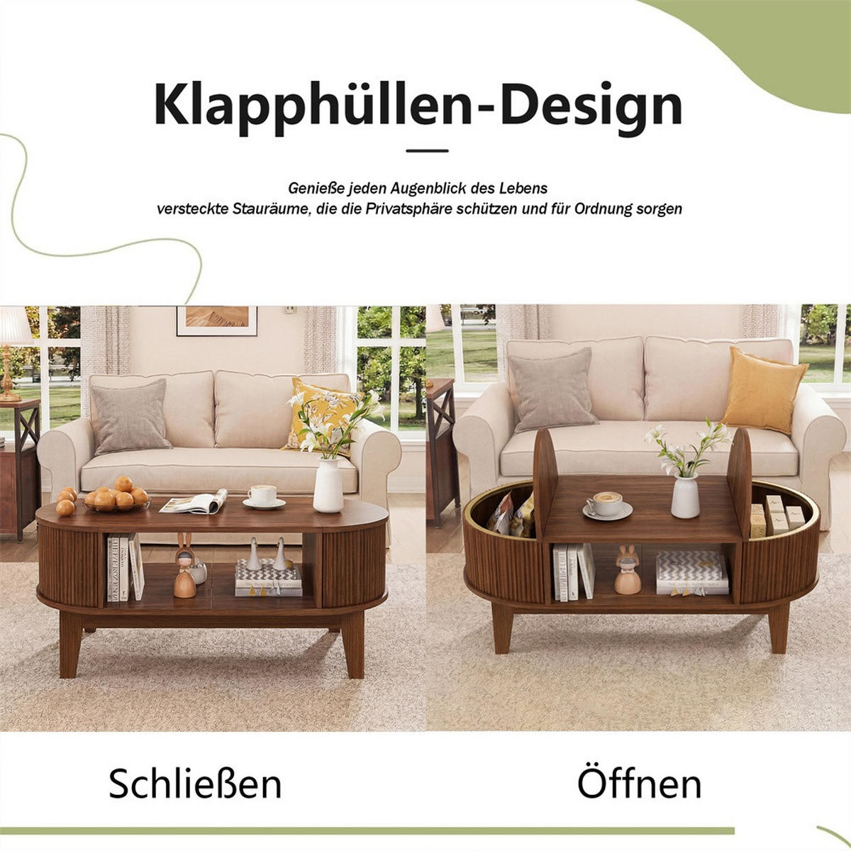 COUCHTISCH oval in Rillenoptik - Wohnzimmertisch mit verstecktem Staufach und offenen Regalen - Walnuss-Optik - Nussbaumfarben, Holzwerkstoff (100/50/40.5cm) - DELFA