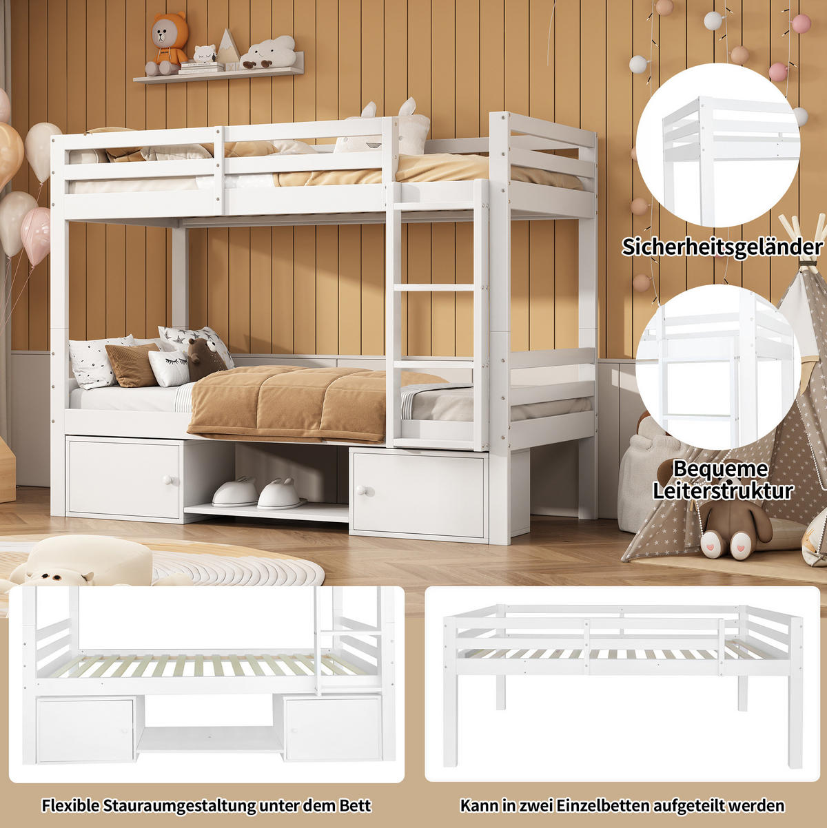 ETAGENBETT 90/200 cm aus Kiefer und MDF mit Regalen und Schließfächern Weiß - Weiß, Holz (90/200cm) - Modenvie