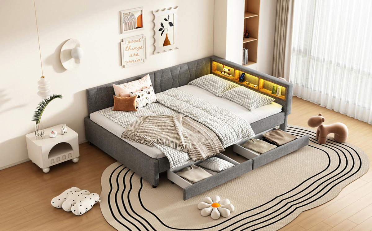 POLSTERBETT 140/200 cm Grau aus Leinen mit LED-Beleuchtung und Stauraum - Grau, Textil (140/200cm) - OKMYHOME