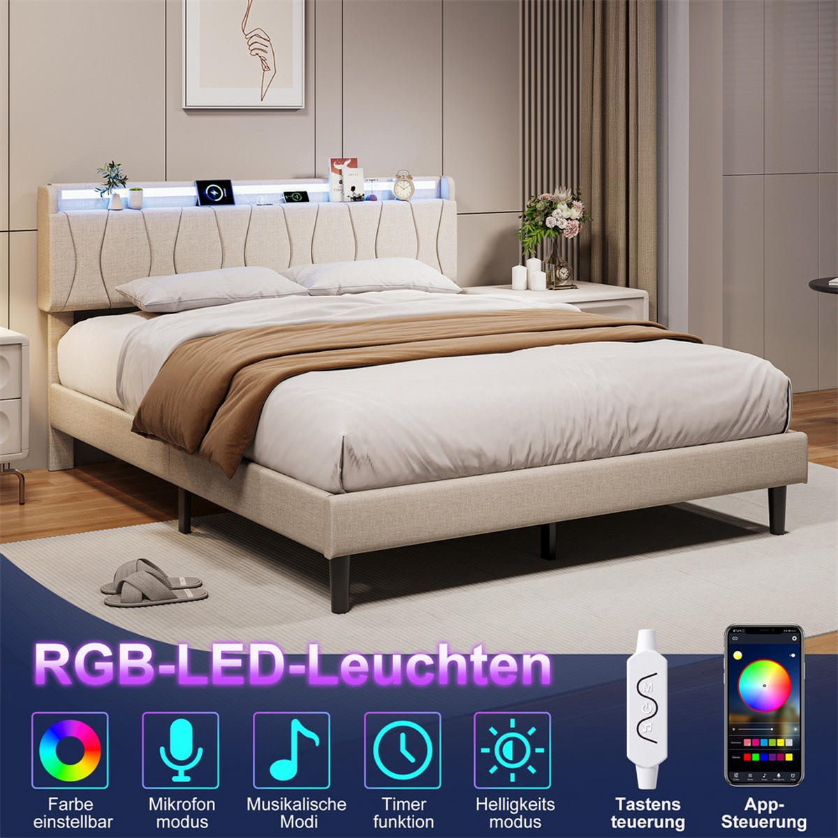 POLSTERBETT 160x200 cm mit LED-Beleuchtung - Kopfteil mit Ladefunktion - Gepolstertes Kopfteil - Beige - Beige, Textil (160/200cm) - DELFA
