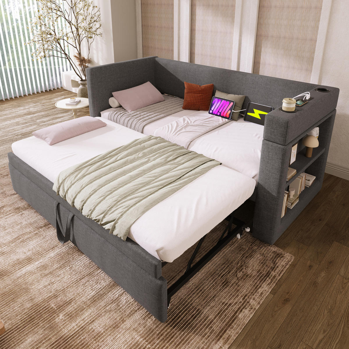 POLSTERBETT 90/190 cm Grau aus Baumwolle und Leinen mit Ausziehbett - Grau, Textil (90/190cm) - OKMYHOME