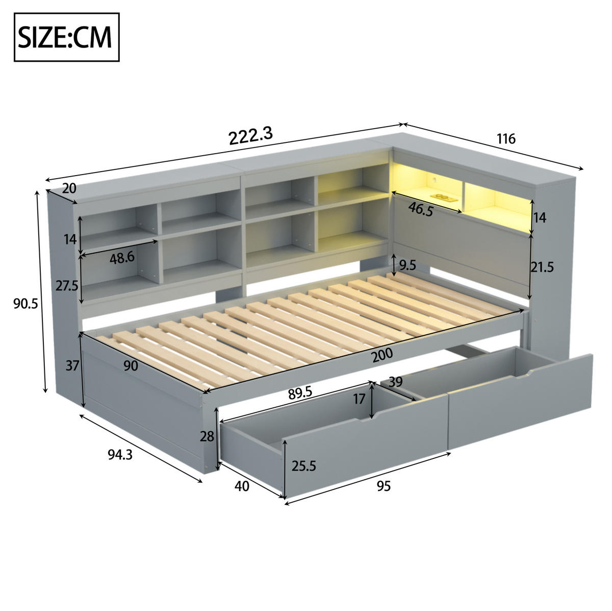 MULTIFUNKTIONSBETT 90/200 cm Grau mit Ablagefächern und USB-Steckdose mit LED-Beleuchtung - Grau, Holzwerkstoff (90/200cm) - OKWISH