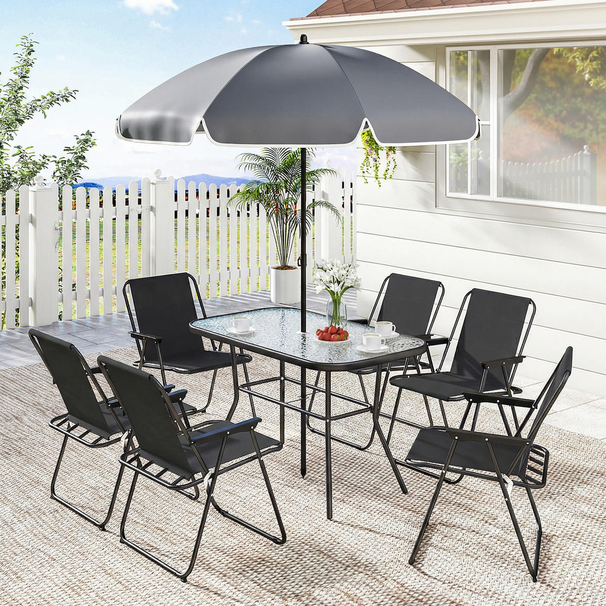 GARTEN-SET 8-teilig,Sonnenschirm+6 Klappstühle+Glastisch,schwarz - Schwarz, Metall - Vallsero