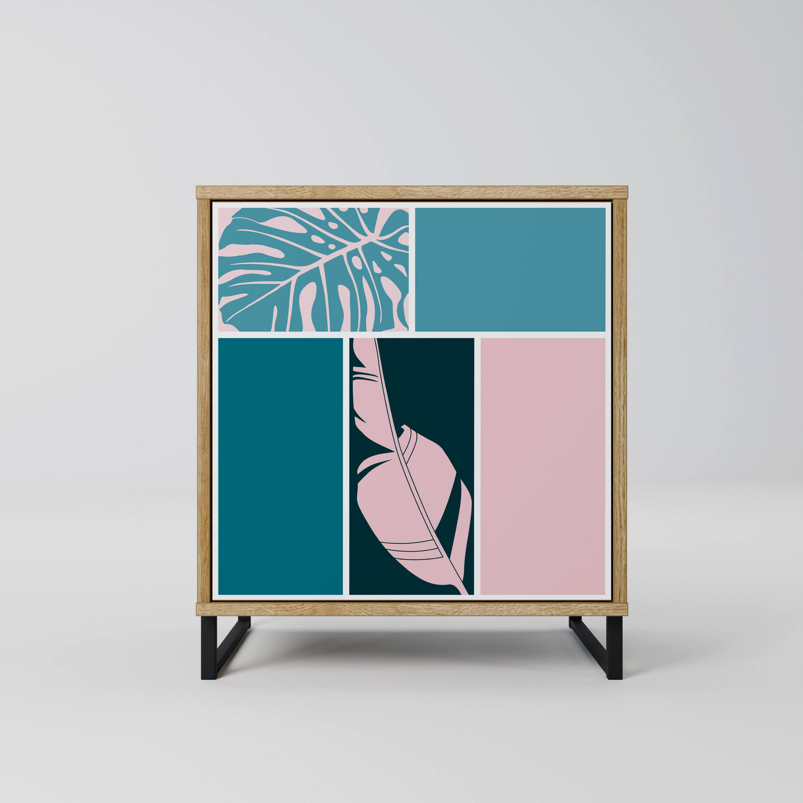 SIDEBOARD COMBINATION OF SHAPES, Eichefarben, 57,5x42x67,5 cm, Schwarze Metall-Rahmenfüße - Eichefarben/Multicolor, Holzwerkstoff/Metall (57.5/67.5/42cm) - SpaceRebels