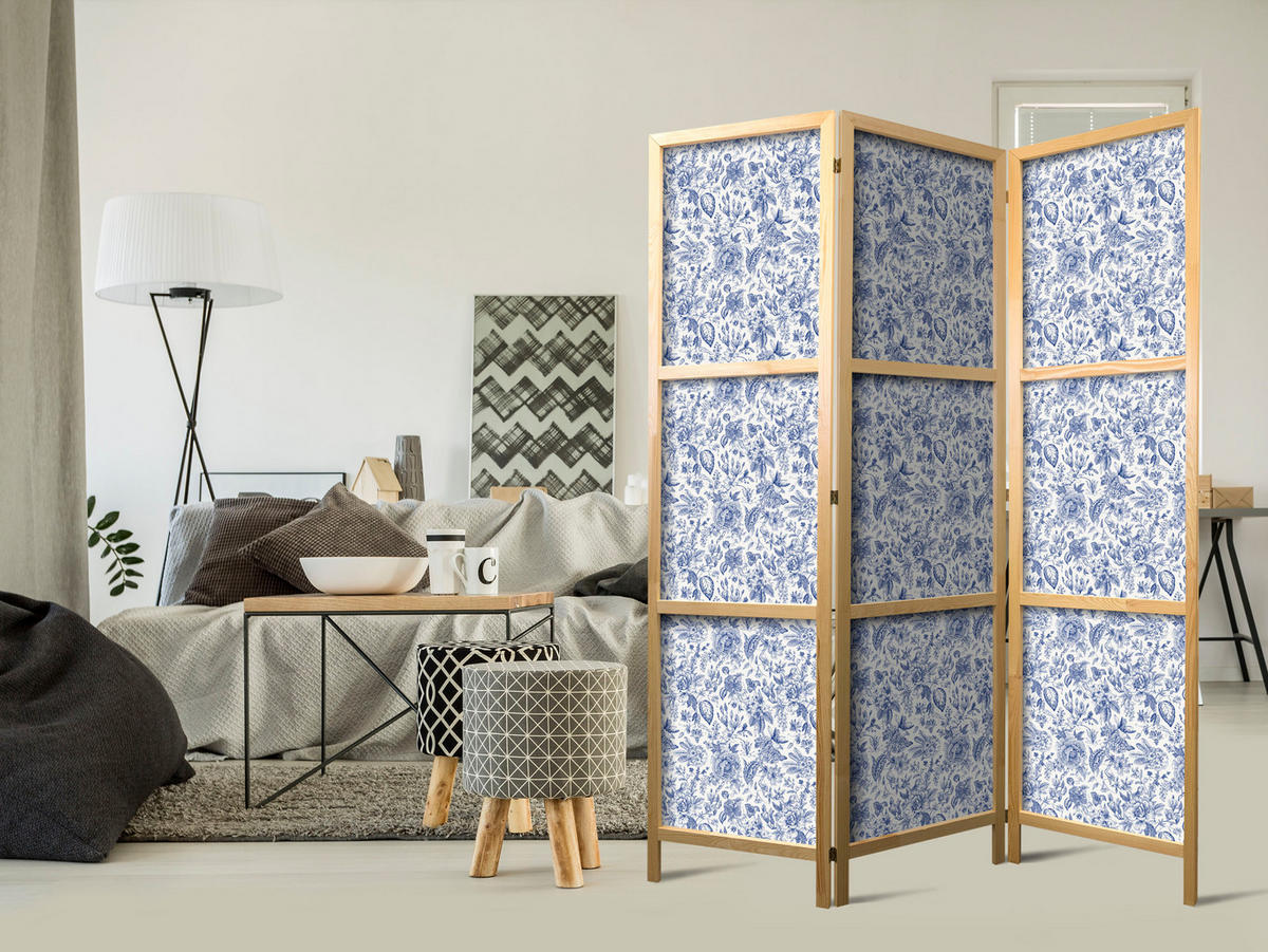 PARAVÁN Japonský 3-dielny 135x172 cm Modré Kvety - čierna, drevo/textil (135/172/3cm) - Muralo