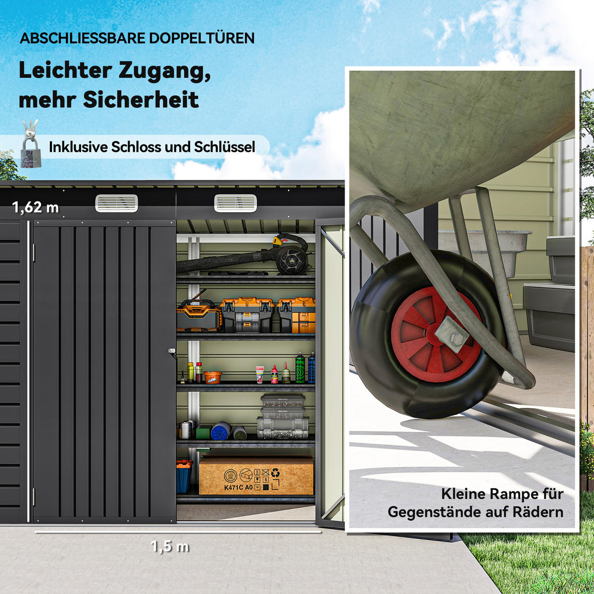 GERÄTEHAUS aus Stahl, 2,7 m² Geräteschuppen mit Doppeltür, Schloss, UV-Schutz - Grau, Metall (121/183/249cm) - Outsunny