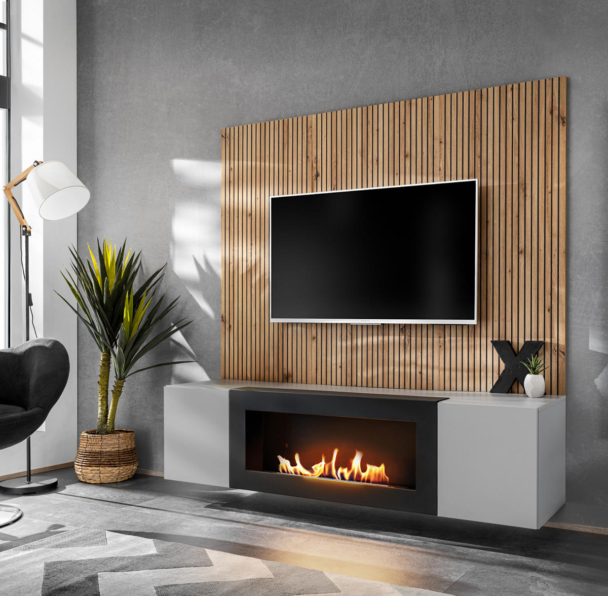 TV-LOWBOARD grau, Eiche Artisan 160, TV-Unterschrank mit Ethanpol Kamin und Akustikpaneel - Hellgrau/Schwarz, Glas/Holzwerkstoff (160/148/35cm) - Inn.Furn