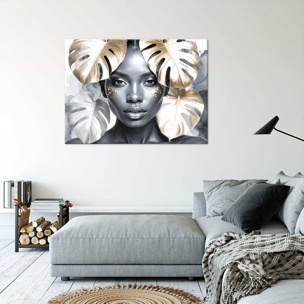 LEINWANDBILD Porträt einer Frau und goldene Monstera-Blätter 90x60cm - Grau, Textil (90/60cm) - Feeby