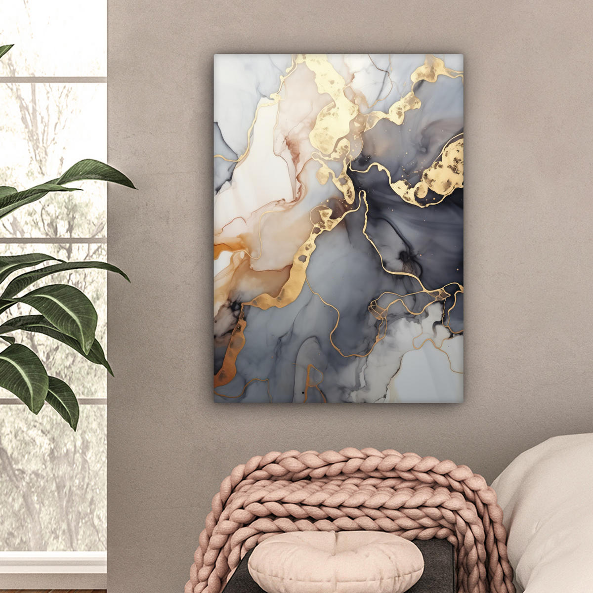 LEINWANDBILD Marmor - Schwarz - Gold - Weiß Wandbild Wohnzimmer 60x80 cm - Dunkelgrau, Textil (60/80cm) - MuchoWow