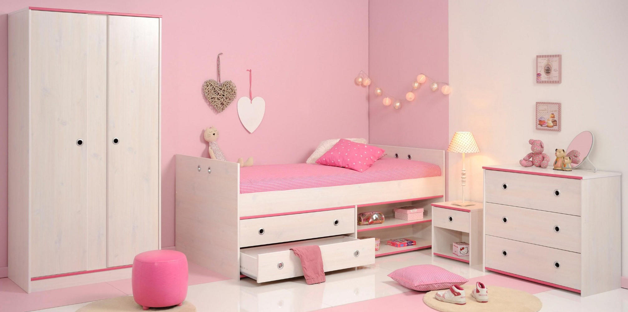 KINDERZIMMER Set Kleiderschrank Kommode Nachttisch Bett 90x200 cm - Weiß/Kieferfarben, Holz/Holzwerkstoff (290/182/95cm) - Parisot Meuble