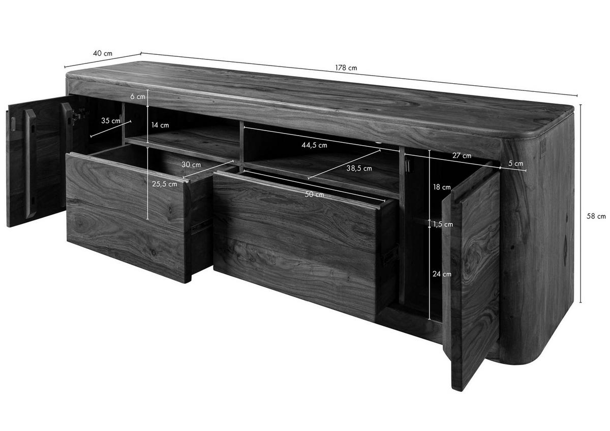TV-BOARD Sheesham 178x40x58 rot-braun gebeizt TORONTO #121 - Dunkelbraun, Holz (178/58/40cm) - Massivmoebel24