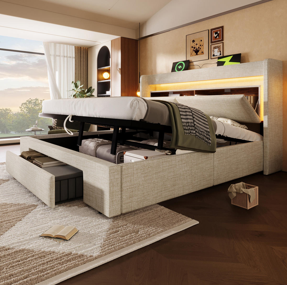 POLSTERBETT 160/200 cm Beige mit Stauraum, LED-Beleuchtung und USB- und Type-C-Anschlüssen - Beige, Textil (160/200cm) - Flora Grace