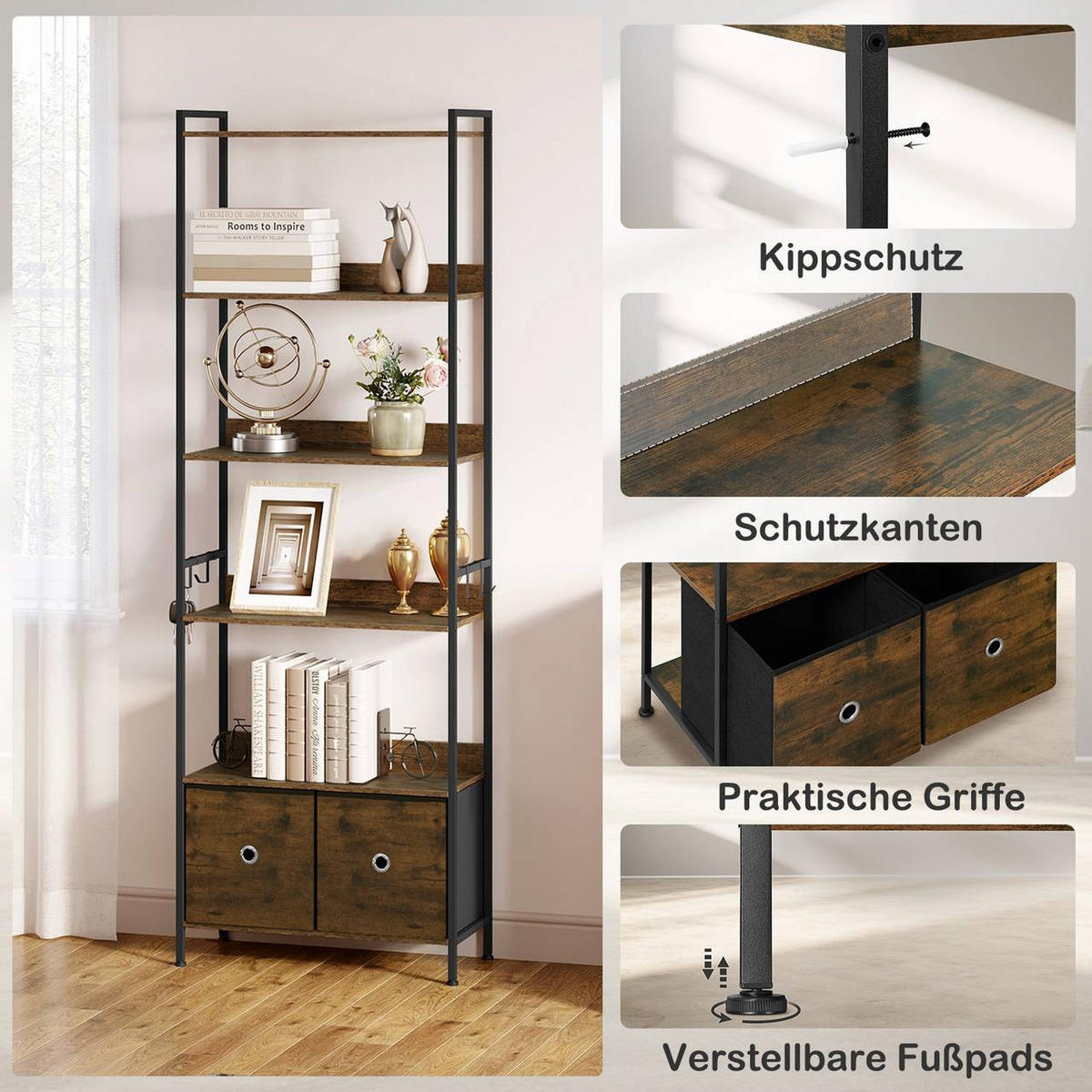 REGAL mit 5 Ablagen, 2 Schubladen, Vintagebraun - Dunkelbraun/Schwarz, Holzwerkstoff/Textil (63/187/30cm) - Woltu
