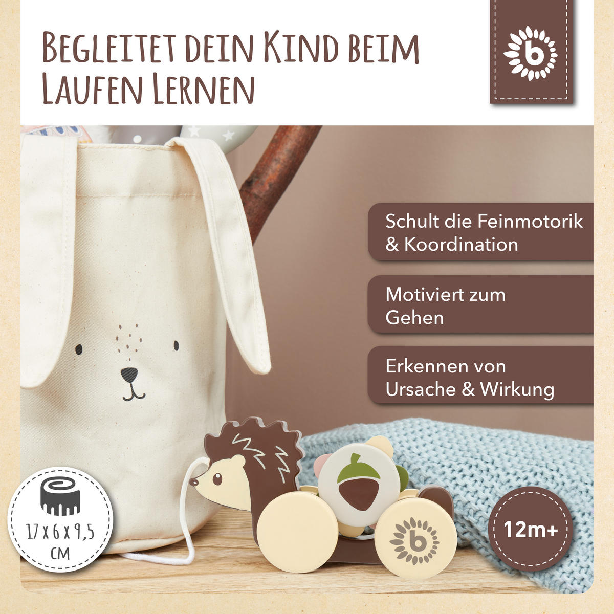 NACHZIEHSPIELZEUG Holz Igel - ab 12 Mona - Braun, Holz (6/17cm) - Bieco Spielwaren