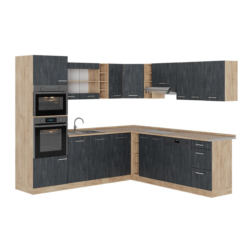 EINBAUKÜCHE IN L-FORM R-Line, Schwarz Beton/Goldkraft Eiche, 247 x 237 cm ohne Arbeitsplatte - Honigeiche/Schwarz, Holzwerkstoff (247/206.8/46cm) - Vicco