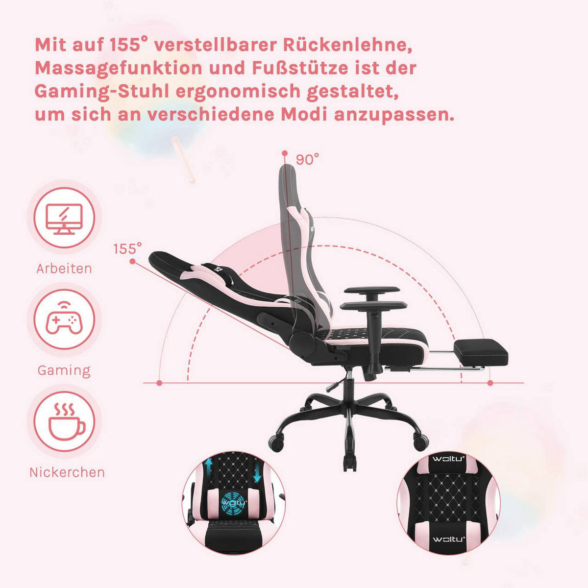 GAMINGSTUHL mit Lendenkissen, Massagefunktion, Schwarz+Rosa - Schwarz/Rosa, Textil/Metall (70/129/57.5cm) - Woltu
