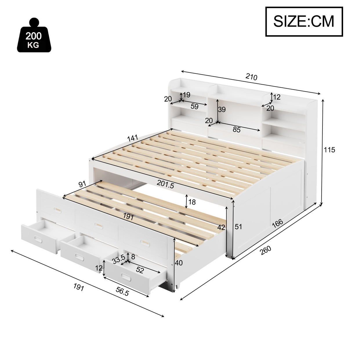 TAGESBETT 140/200 cm mit LED-Beleuchtung, 3 Schubladen und USB/Type-C in Weiß - Weiß, Holzwerkstoff (140/200cm) - BEAOK