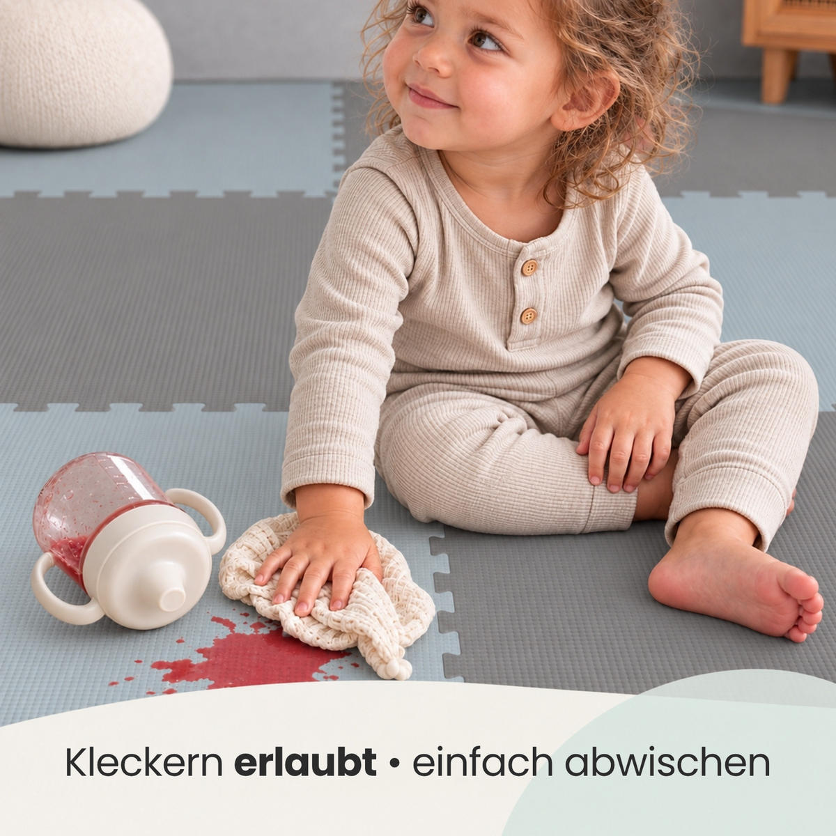 SPIELMATTE mit Rand - 8er Set - 50x50 cm - Beige und Grau - Grau, Kunststoff (50/50cm) - Littletom
