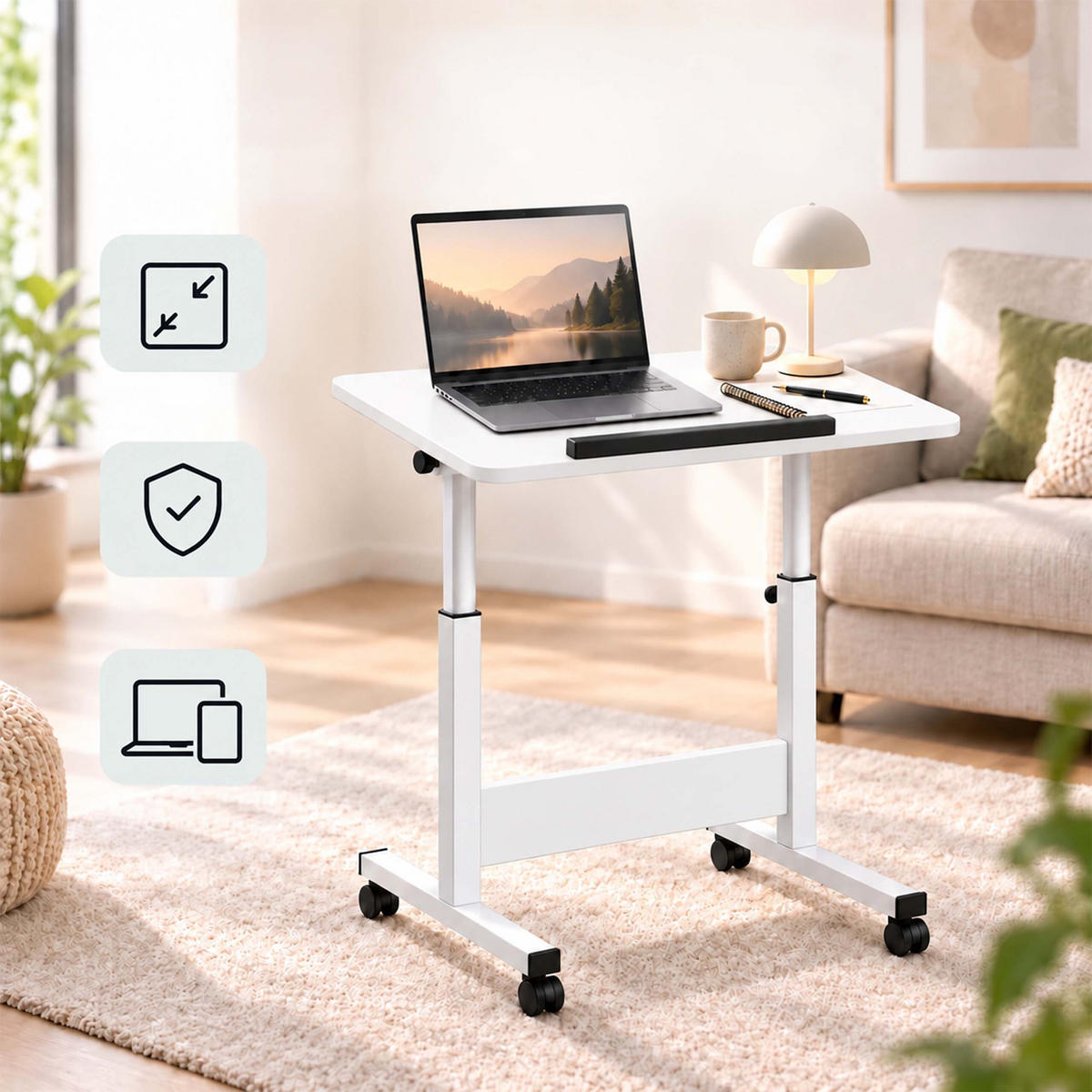 MASĂ Albă reglabilă pe înălțime cu roți - alb, material plastic/compozit lemnos (40/60/90cm) - Relaxdays
