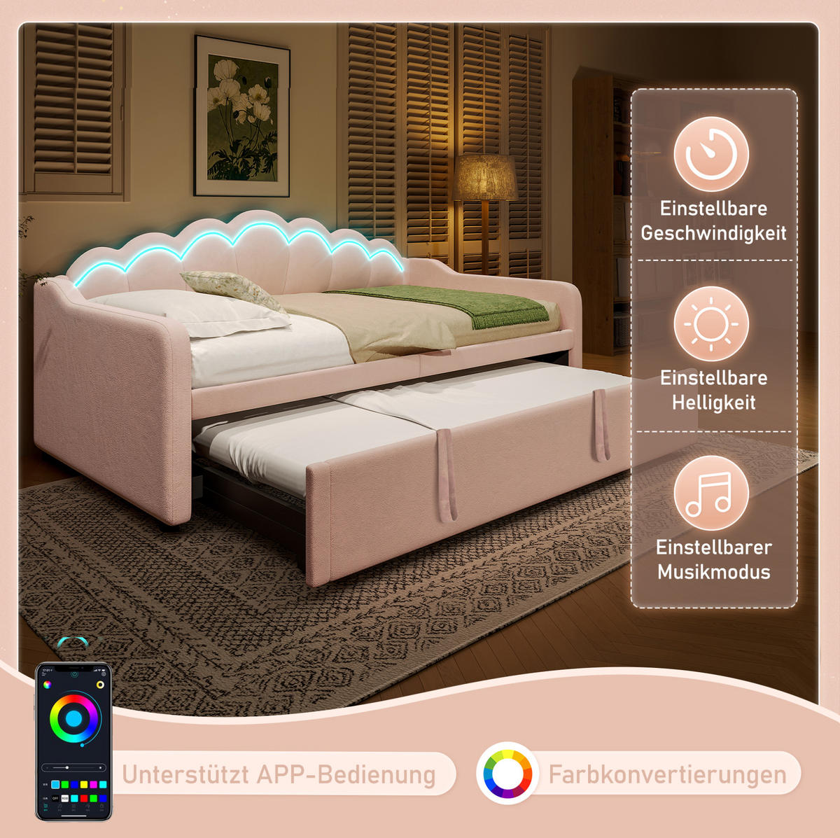 TAGESBETT 180/200 cm rosa aus Samt mit Ausziehbett und LED - Rosa, Textil (90/200cm) - OKWISH