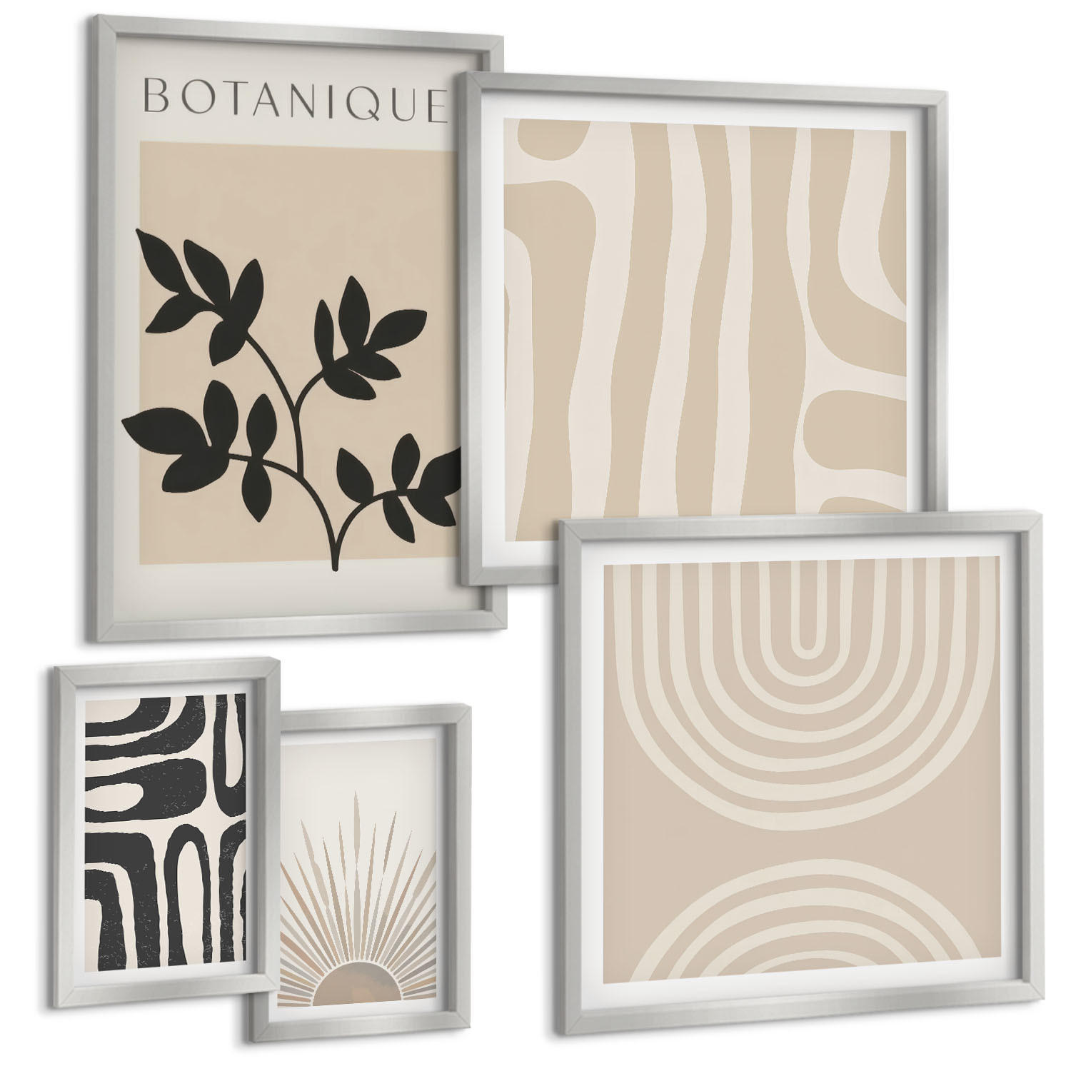 BILDER SET 5er Set - 50x50 cm & 20x30 cm & 40x60 cm Silberner Rahmen - Abstrakte Pflanzenmuster - Silberfarben, Kunststoff (40/60cm) - TULUP