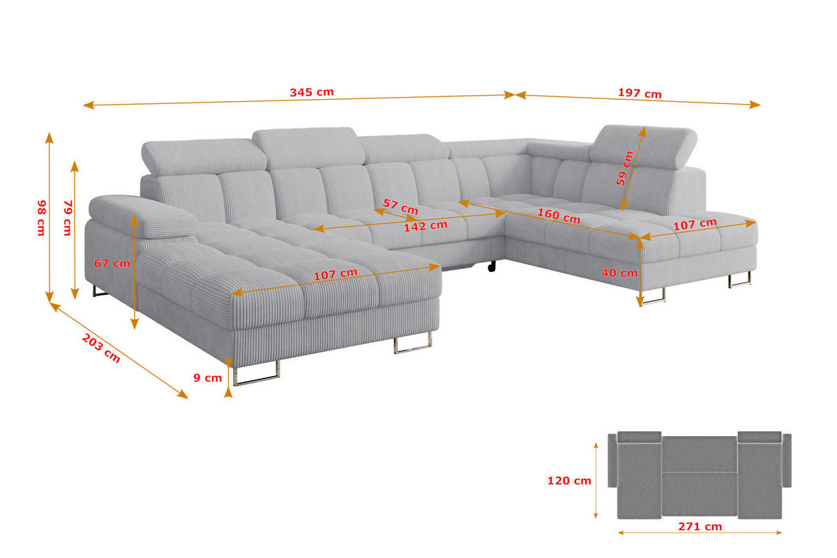 WOHNLANDSCHAFT mit Schlaffunktion und Bettkasten Ottomane RECHTS COMA U 345x203x79 Grau Cord - Anthrazit, Holzwerkstoff/Textil (203/79/345cm) - ALTDECOR