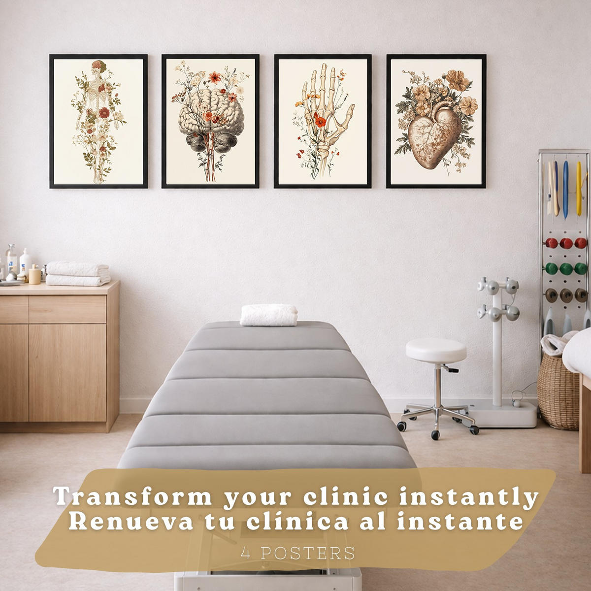POSTER Set aus 4 Anatomie Mensch Dekorative Drucke und Wandbilder mit Blumen Ganzkörper Gehirn Hand und Herz Stil Größe Schwarzer Rahmen A4 - Schwarz, Papier (21/29.7/3cm) - Nacnic