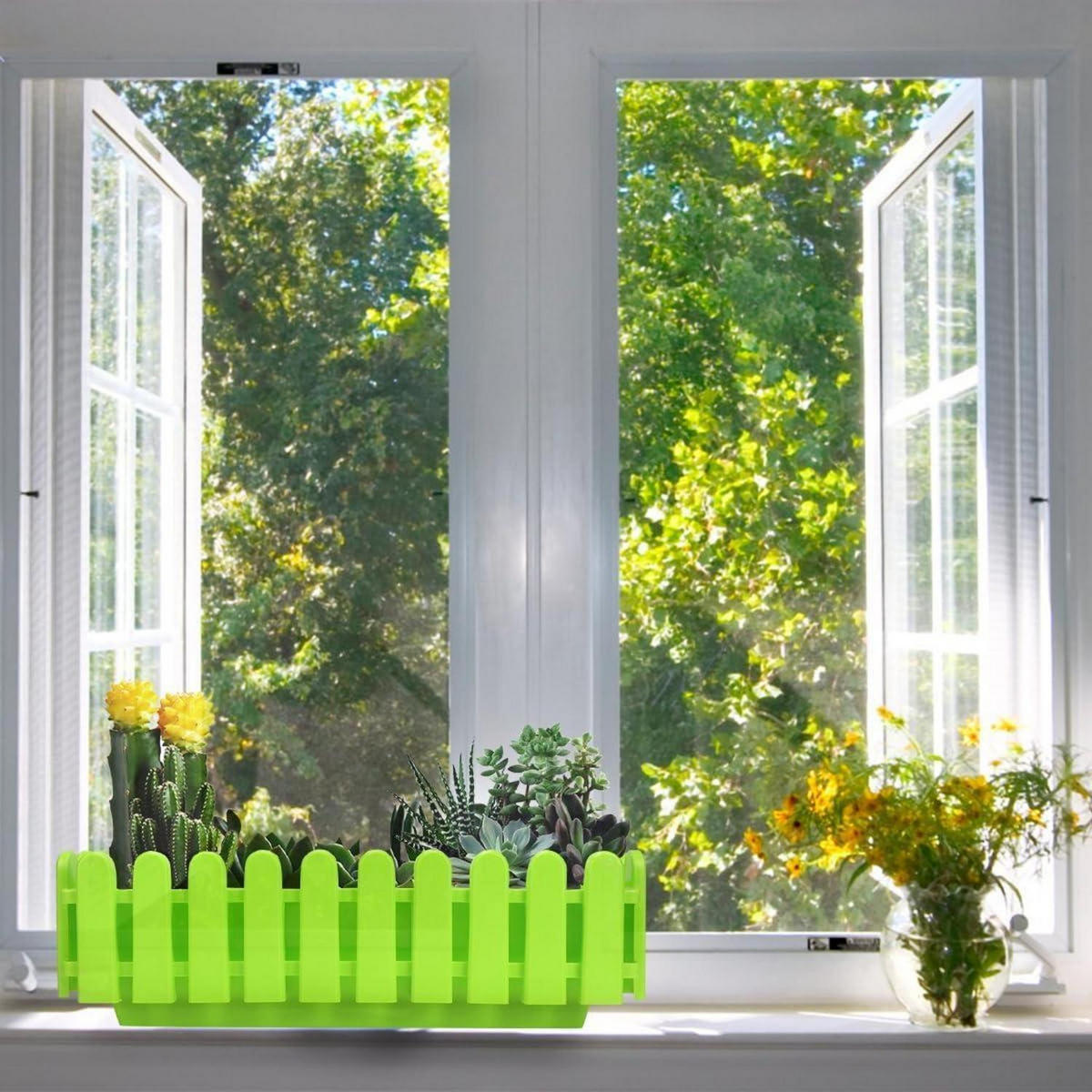 BLUMENTOPF rechteckig Lattenoptik mit Wasserspeicher 42.2 cm - Grün, Kunststoff (18.5/13.5/43.8cm)