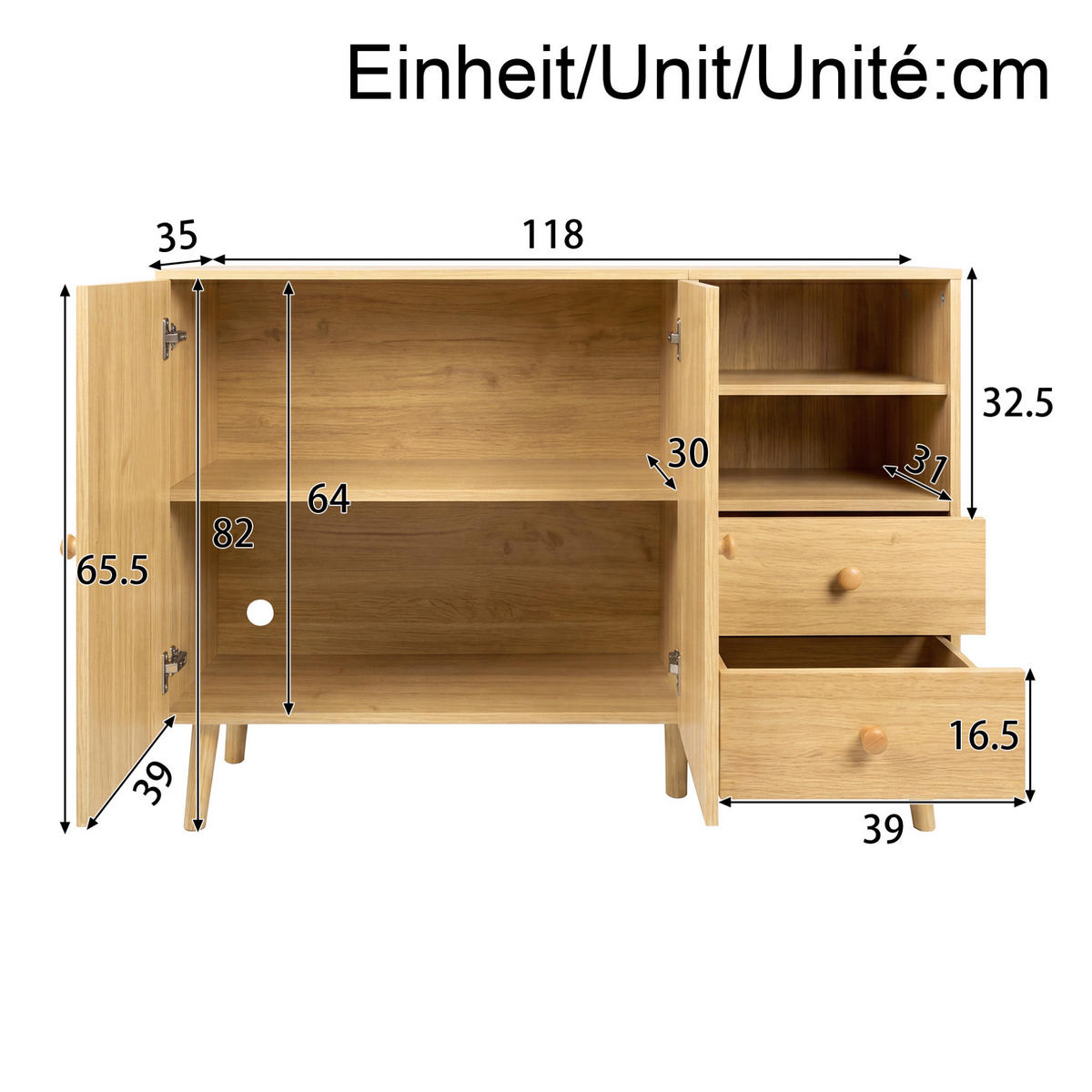 SIDEBOARD 118/35/82 cm Natur aus MDF und Holzwerkstoff mit Türen und Schubladen - Naturfarben, Holzwerkstoff (118/82/35cm) - OKWISH
