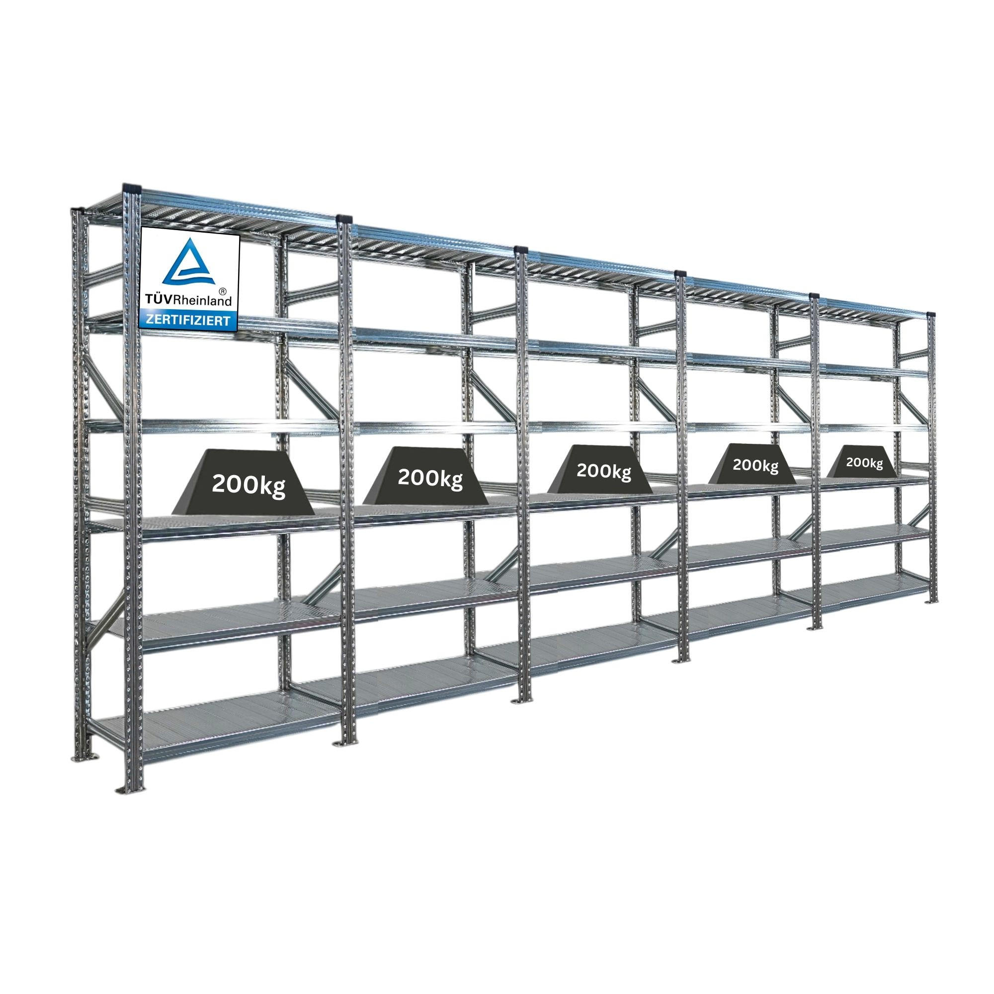 FACHBODENREGAL Proximo Stecksystem 210x450x50cm 6 Ebenen Beidseitig nutzbar Verzinkt - Silberfarben, Metall (450/210/50cm) - PROREGAL