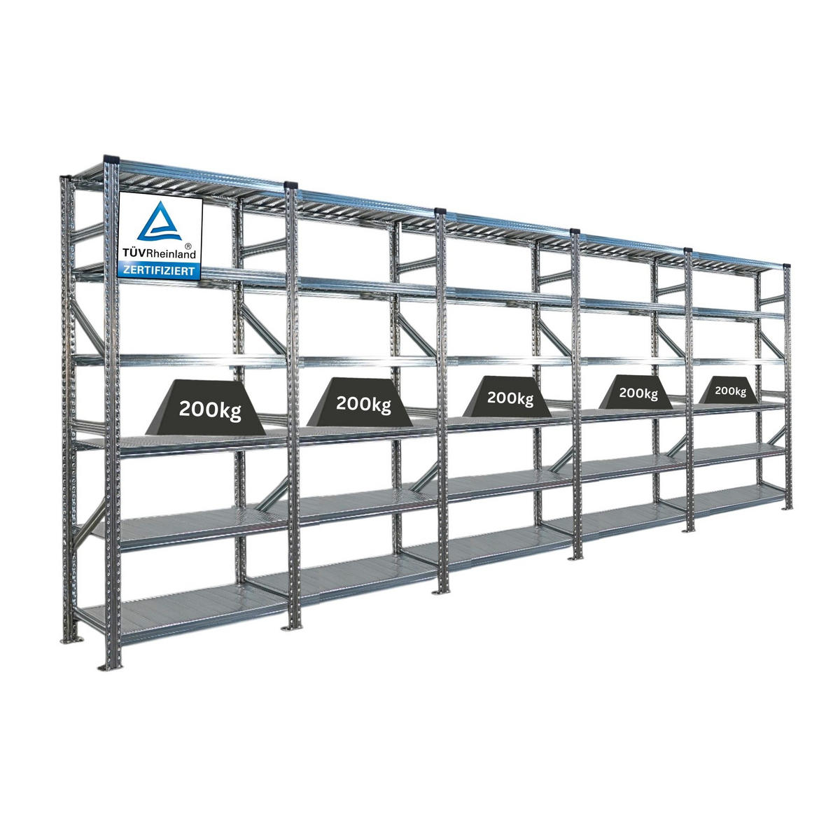 FACHBODENREGAL Proximo Stecksystem 210x450x50cm 6 Ebenen Beidseitig nutzbar Verzinkt - Silberfarben, Metall (450/210/50cm) - PROREGAL