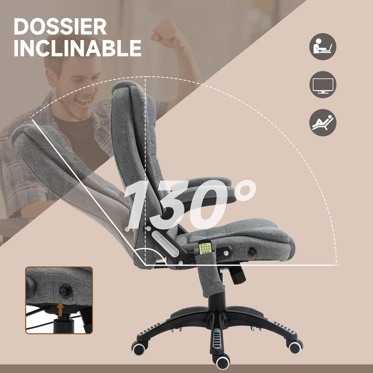 CHEFSESSEL DE-11874 Massage & Heizung Grau Chiné - Grau, Textil (72/120/68cm) - ComfortXL