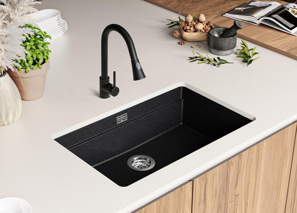 UNTERBAUSPÜLE GRANIT Praga, 2-er set Anthrazit 76/47 cm 1 Becken + Ablauf-Set + Aufrollbare Abtropffläche ab 80er Unterschrank - Chromfarben/Anthrazit, Kunststoff (76/20/47cm) - Primagran