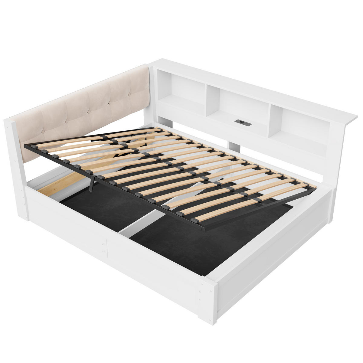 BETT 140/200 cm in Weiß mit Bettkasten, Regal und USB aus Kiefernholz und MDF - Beige/Weiß, Holzwerkstoff/Textil (140/200cm) - STILVORA