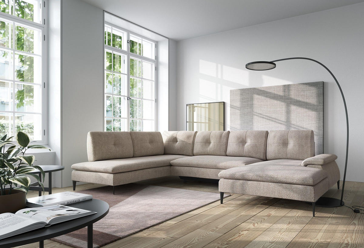 WOHNLANDSCHAFT BREZZA Beige Plüsch-Stoff mit Schlaffunktion - Beige, Holz (350/87/205cm) - MASSENO