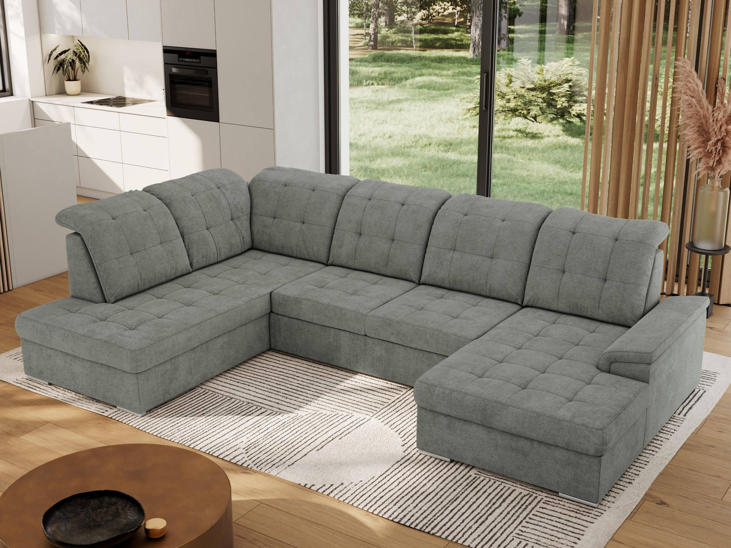 WOHNLANDSCHAFT MADRITO U - Grau Struktur - Links - Silberfarben/Grau, Textil/Metall (204/89/323cm) - MKS