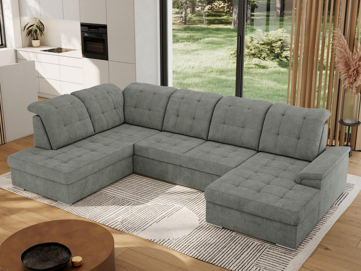 WOHNLANDSCHAFT MADRITO U - Grau Struktur - Links - Silberfarben/Grau, Textil/Metall (204/89/323cm) - MKS
