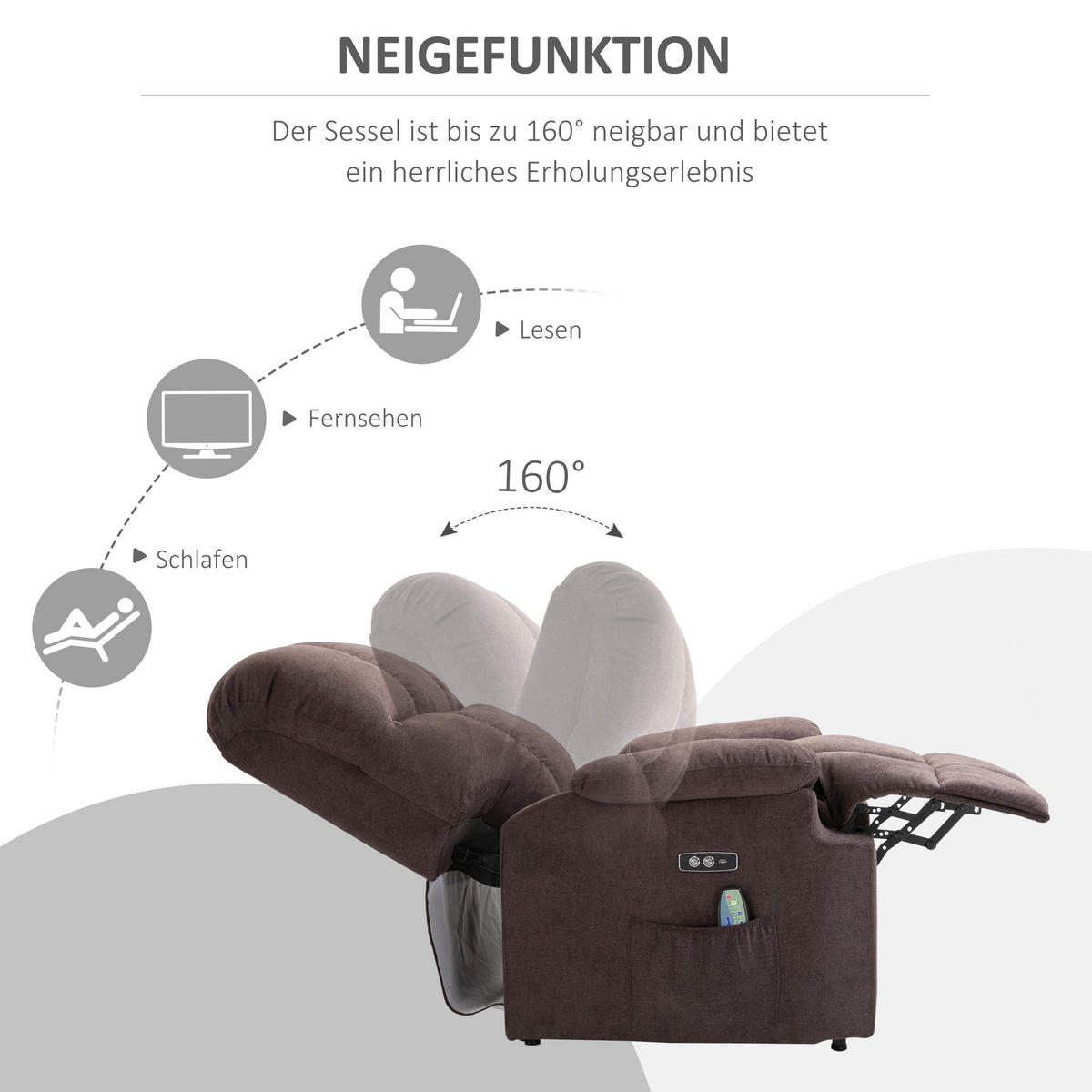 SESSEL mit Aufstehhilfe, Massagesessel, Relaxsessel mit USB-Anschluss, Samt - Braun, Kunststoff (95/105/83cm) - HOMCOM