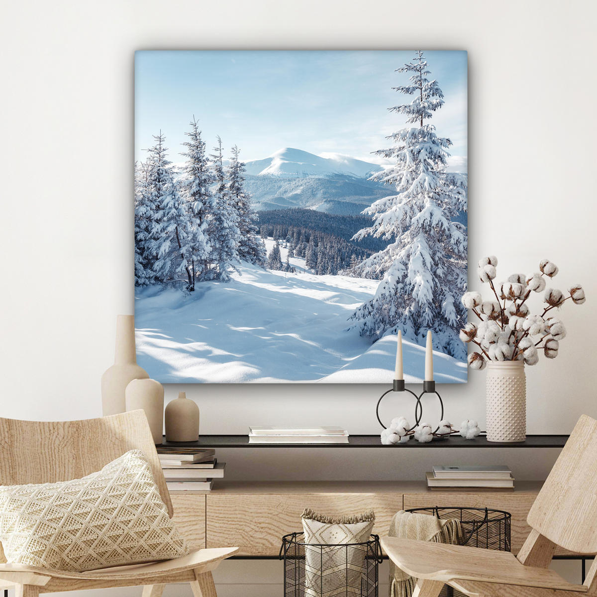 LEINWANDBILD Winterlandschaft - Natur - Berge - Bäume - Schnee Deko Groß 90x90 cm - Hellblau, Textil (90/90cm) - MuchoWow