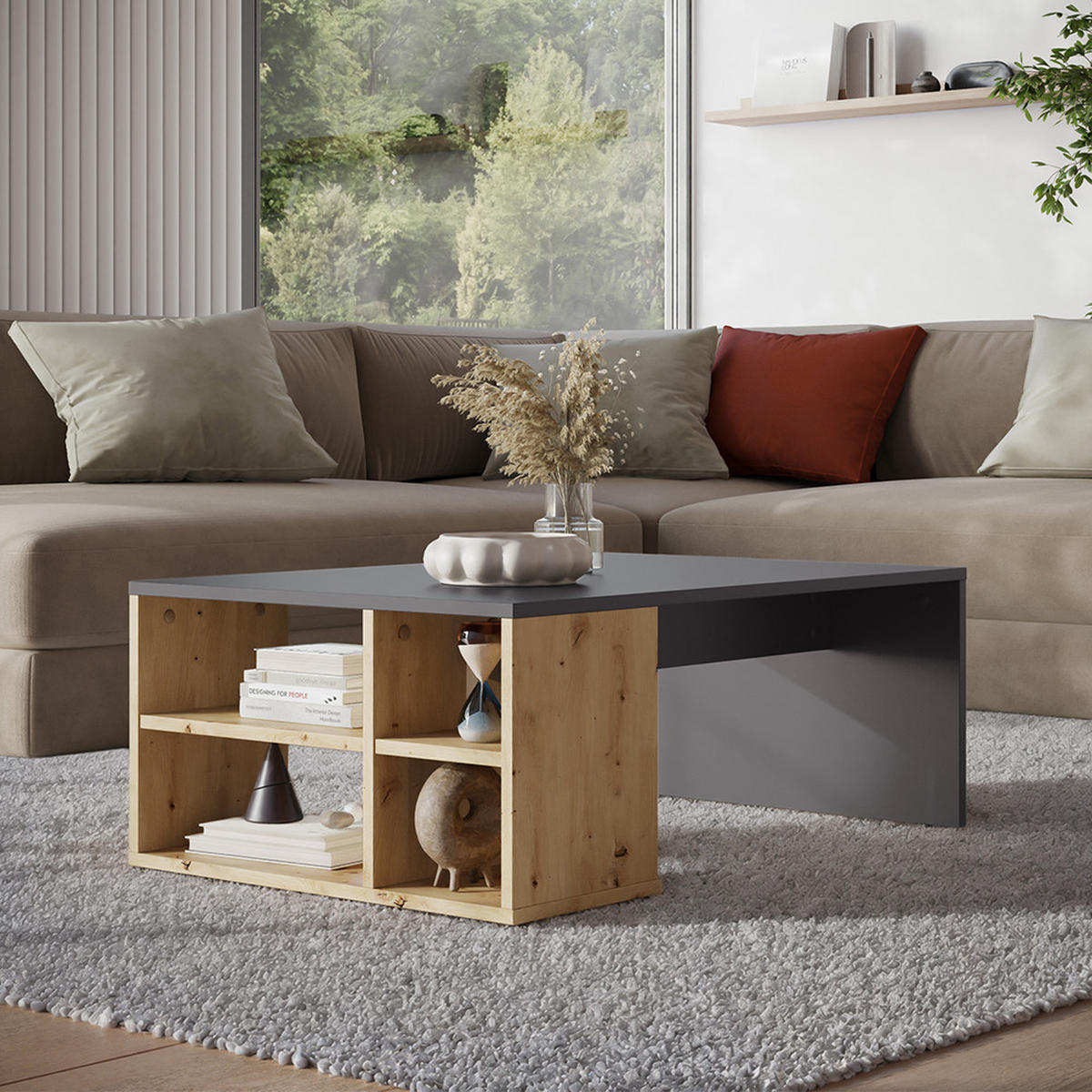 COUCHTISCH Danny Anthrazit/Artisan 90 x 60 cm mit Regalen - Anthrazit, Holzwerkstoff (60/90/33.6cm) - Vicco