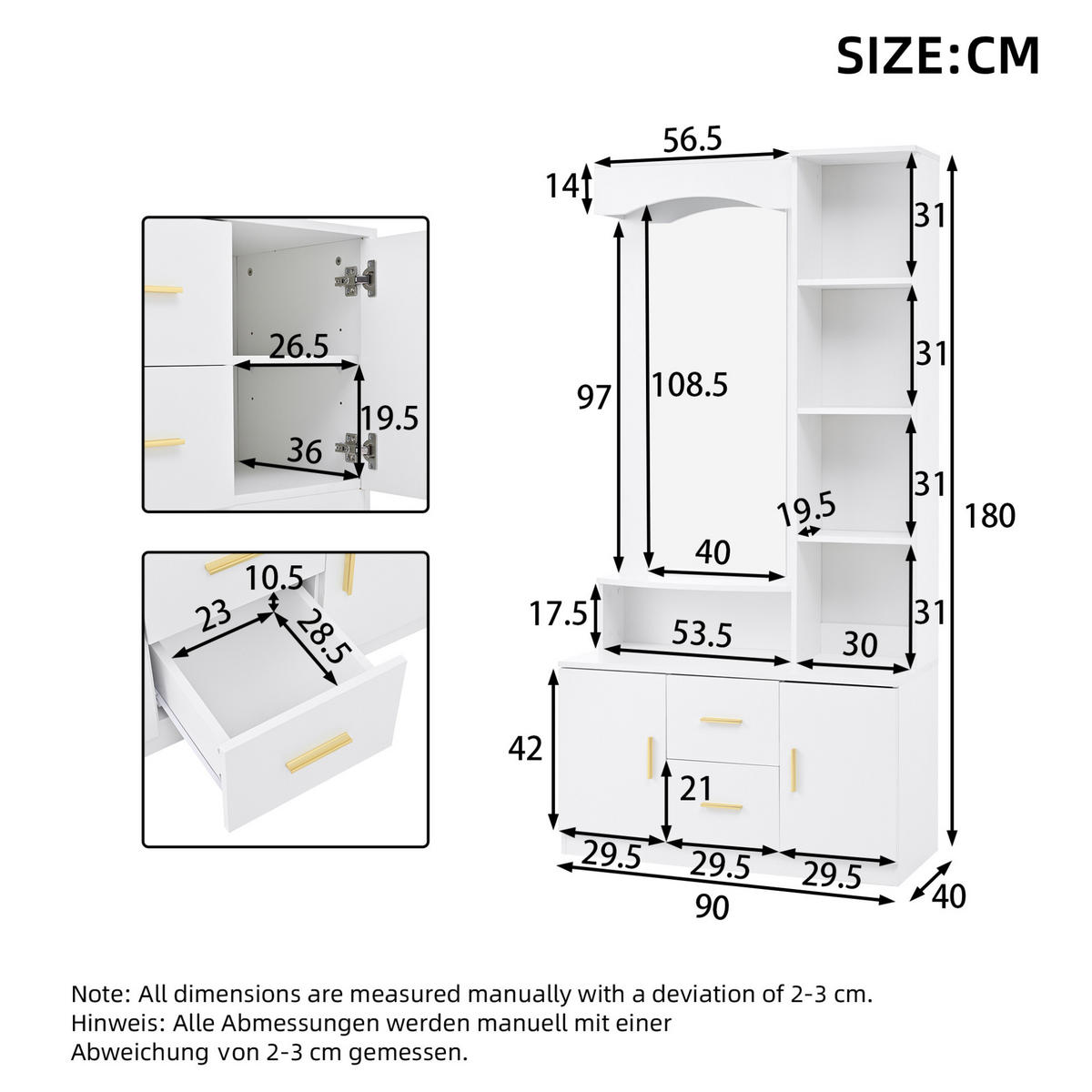 FLURSCHRANK 90/40/180 cm mit Spiegel, 2 Schubladen, 2 Schränken und Regalen aus MDF, Weiß - Weiß, Holzwerkstoff (90/180/40cm) - Redom