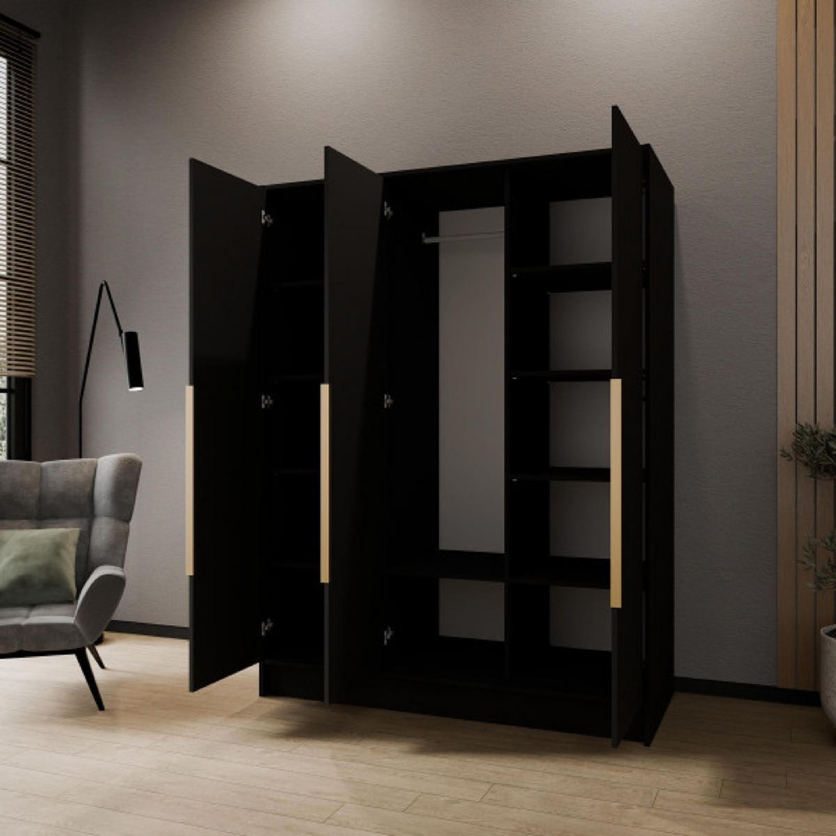 SCHRANK Schwarz ORTO Glatte Oberfläche Ohne Spiegel Mit Goldenen Griffen 150 g - Goldfarben/Schwarz, Holzwerkstoff (150/200/51cm) - Sepro Meble