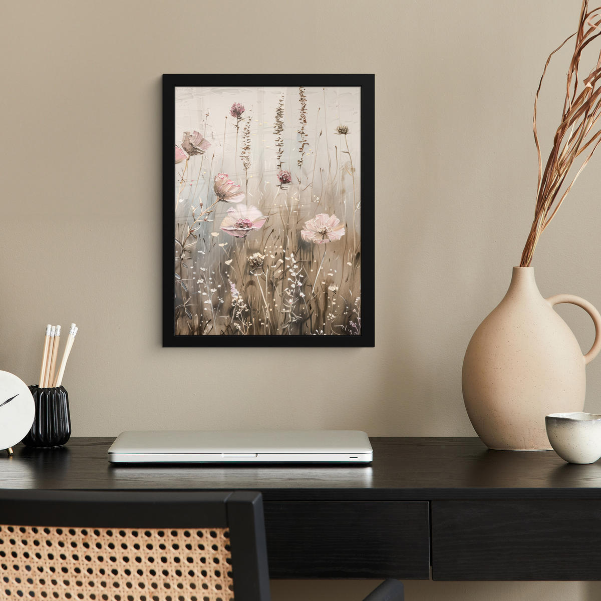 GERAHMTES BILD Blumen - Rosa - Modern - Beige 30x40 cm - Beige, Papier (30/40cm) - MuchoWow