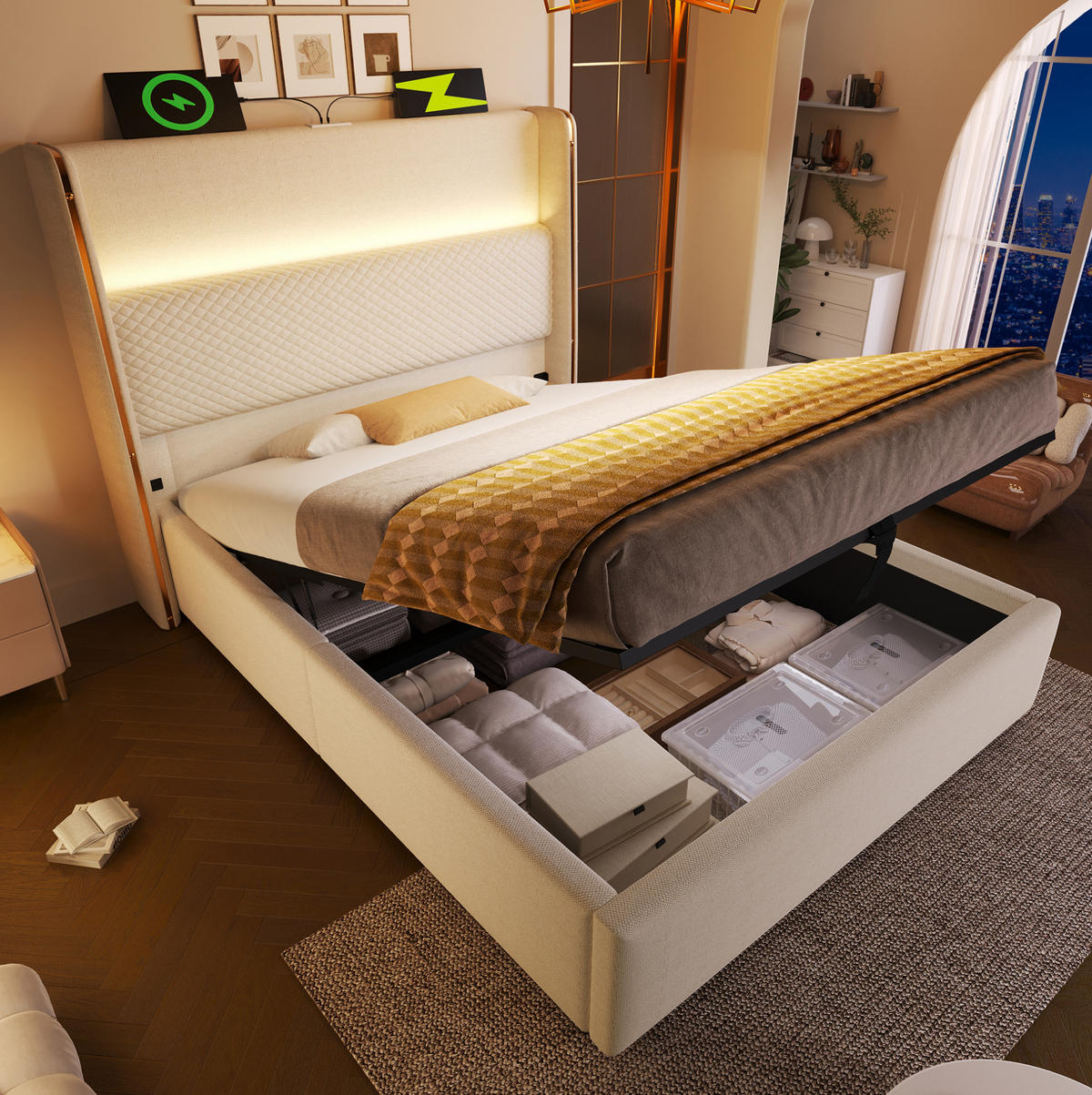 POLSTERBETT 90/200 cm mit hydraulischem Bettkasten, LED-Kopfteil & USB/Type-C, Beige - Beige, Textil (90/200cm) - Redom