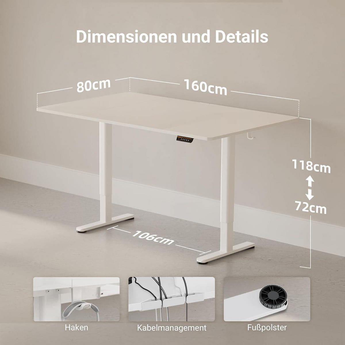 SCHREIBTISCH elektrisch höhenverstellbar 160 x 80 cm Weiß mit Memory-Funktion - Weiß, Kunststoff (70/140/75cm)